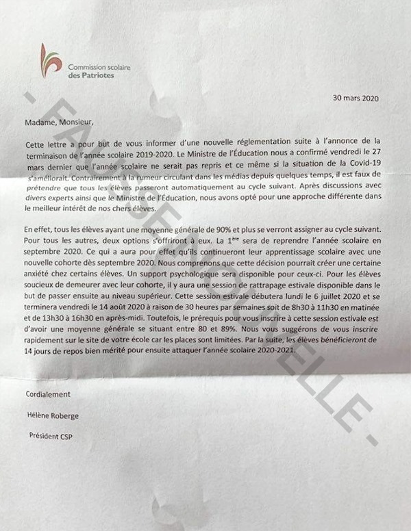 Une fausse lettre qui circule sur les médias sociaux.